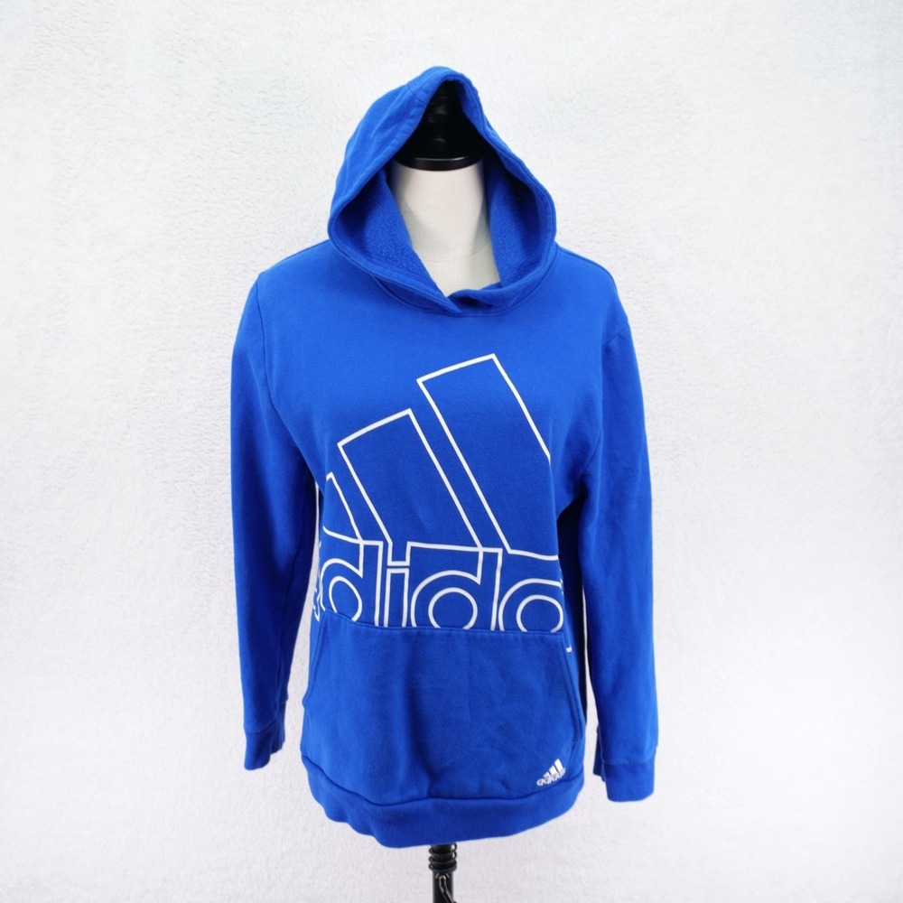 Adidas Boy's Hooded Pullover Sweater Blue -Size XL 18- Pocket Cotton Polyester